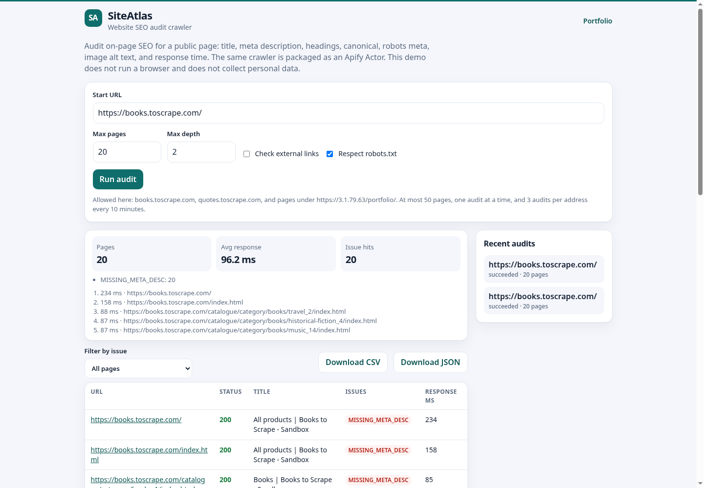 SiteAtlas SEO audit of the Books to Scrape practice site