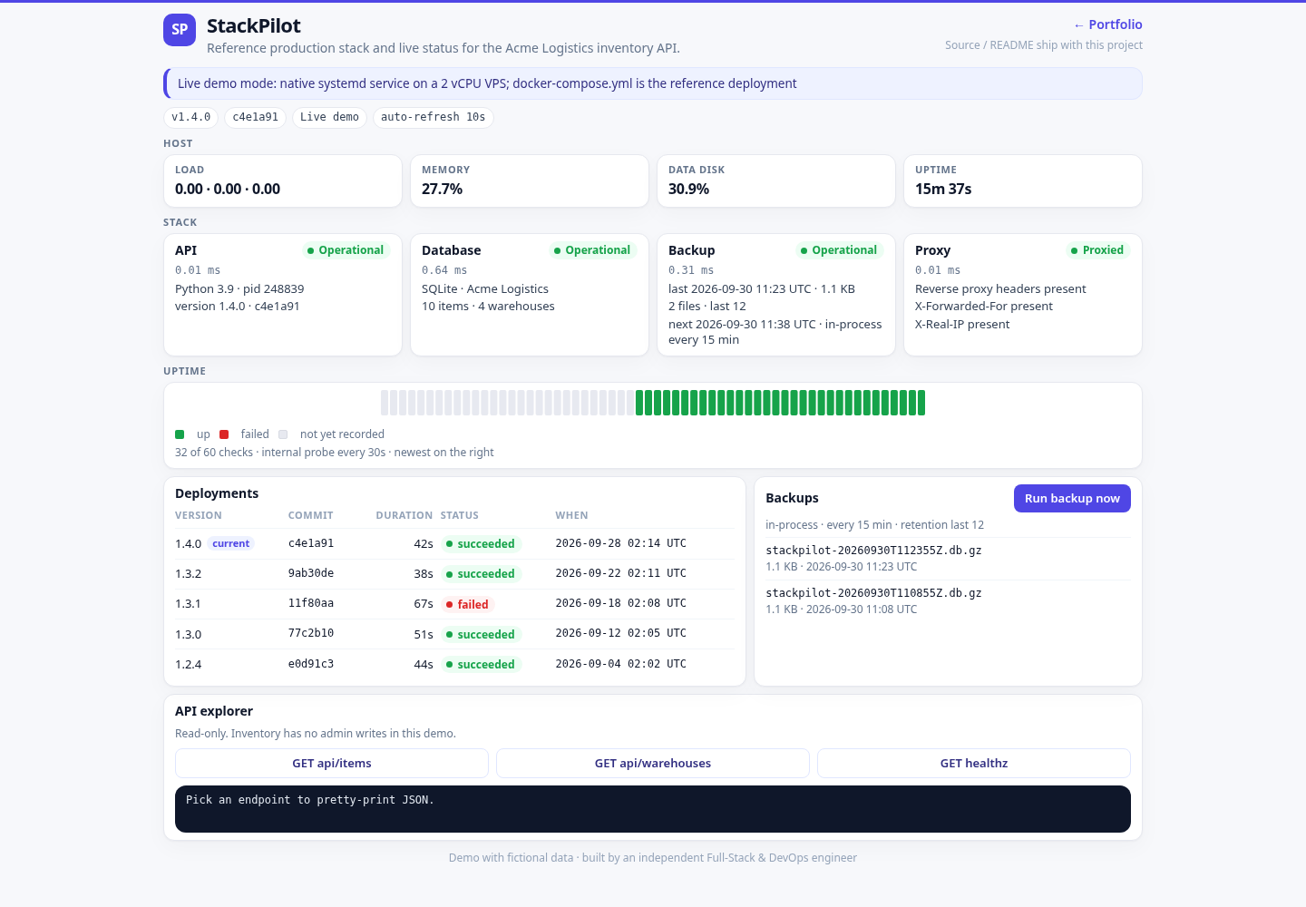 StackPilot status page on a desktop layout